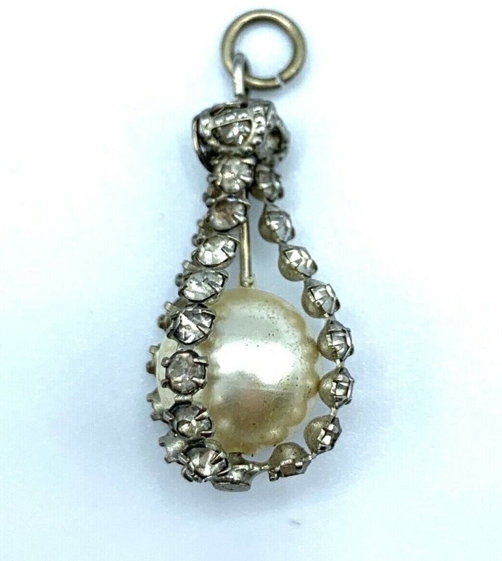 Vintage faux pearl & clear rhinestone teardrop necklace pendant, no chain